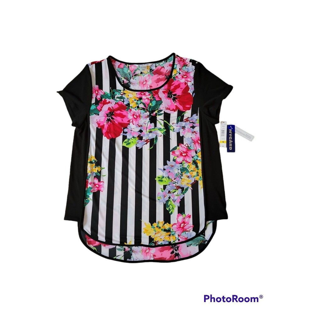 NYGARD SILKY SCOOP NECK TOP MEDIUM BLK/ WH STRIPE W-MULTI COLOR FLORAL PATTERN